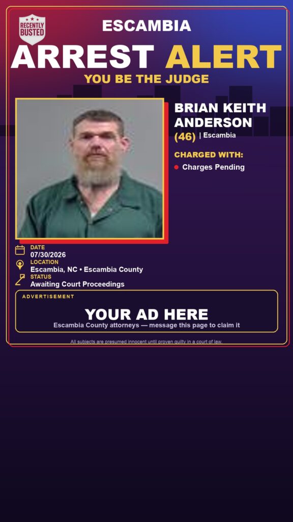 Brian Keith Anderson — arrest record card, Escambia County, Florida