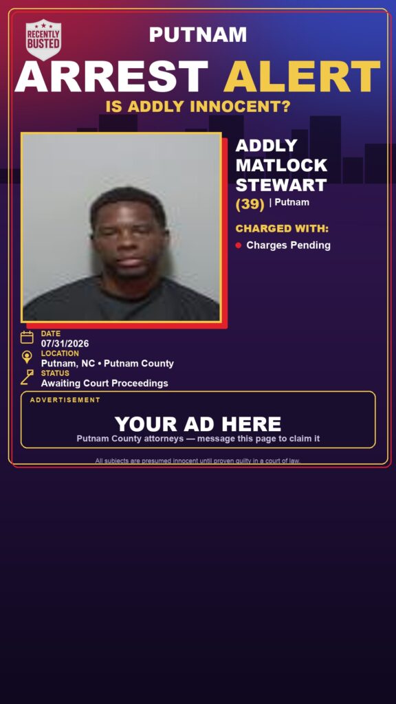 Addly Matlock Stewart — arrest record card, Putnam County, Florida