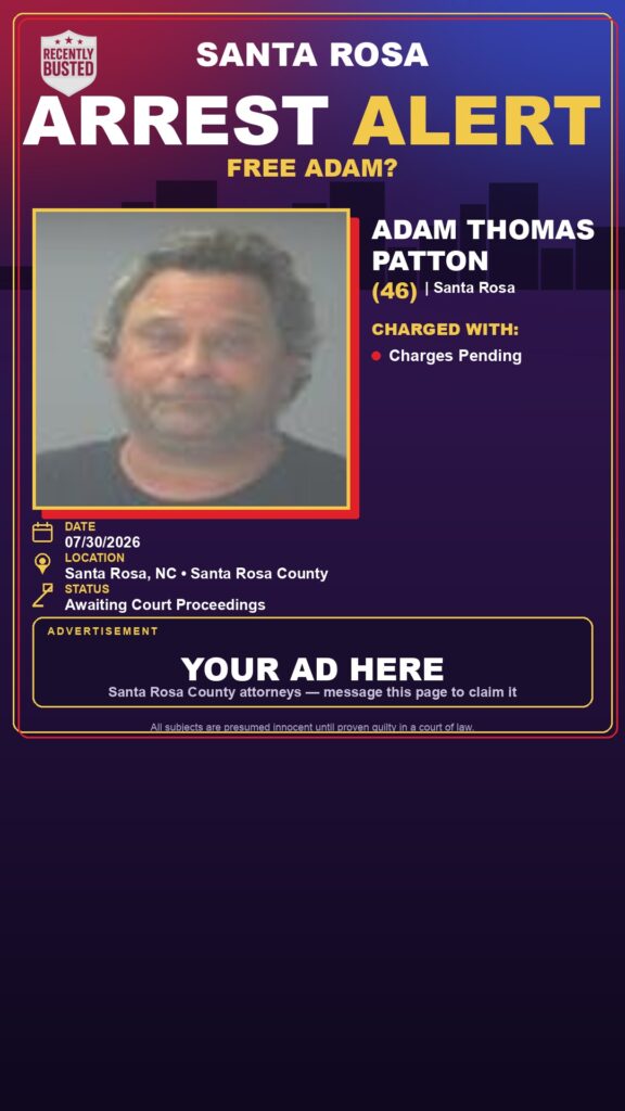 Adam Thomas Patton — arrest record card, Santa Rosa County, Florida