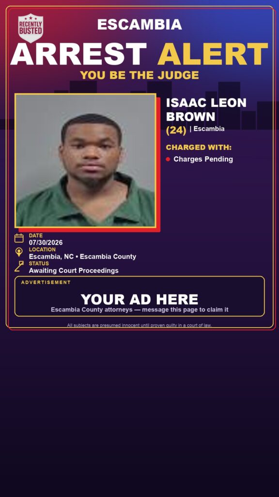 Isaac Leon Brown — arrest record card, Escambia County, Florida