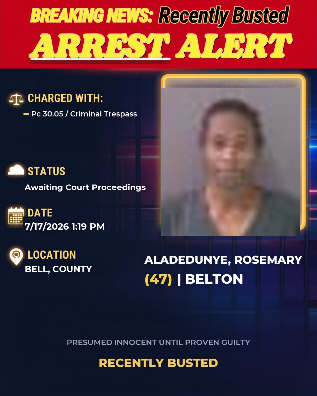 Arrest report - ALADEDUNYE, ROSEMARY