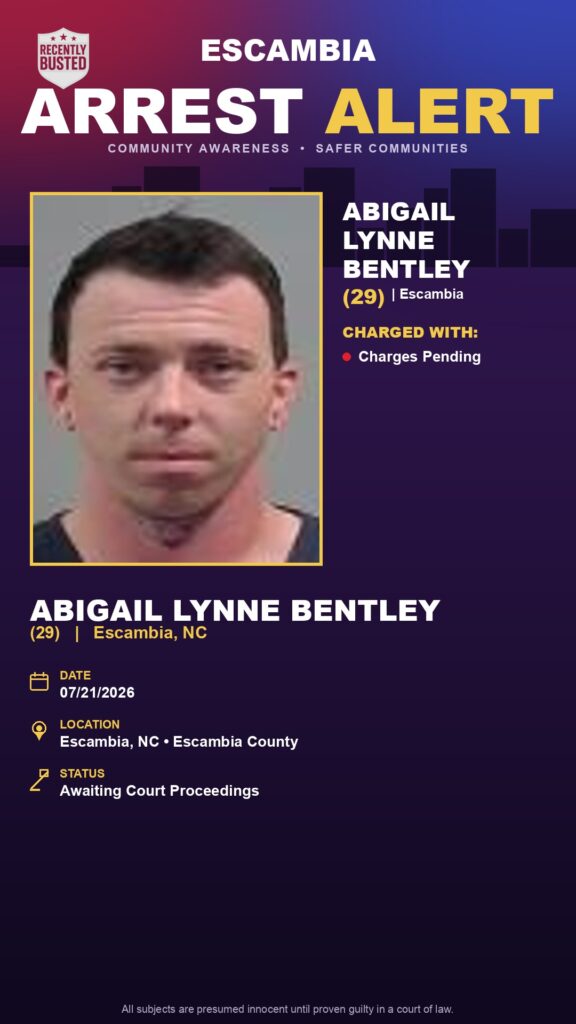 Abigail Lynne Bentley — arrest record card, Recently Busted