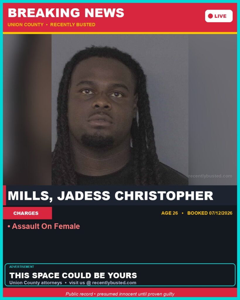 MILLS, JADESS CHRISTOPHER — arrest record card, Recently Busted