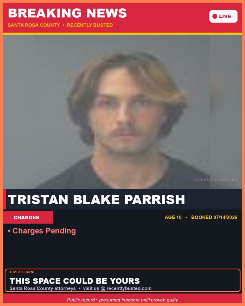 Tristan Blake Parrish — arrest record card, Florida Crime