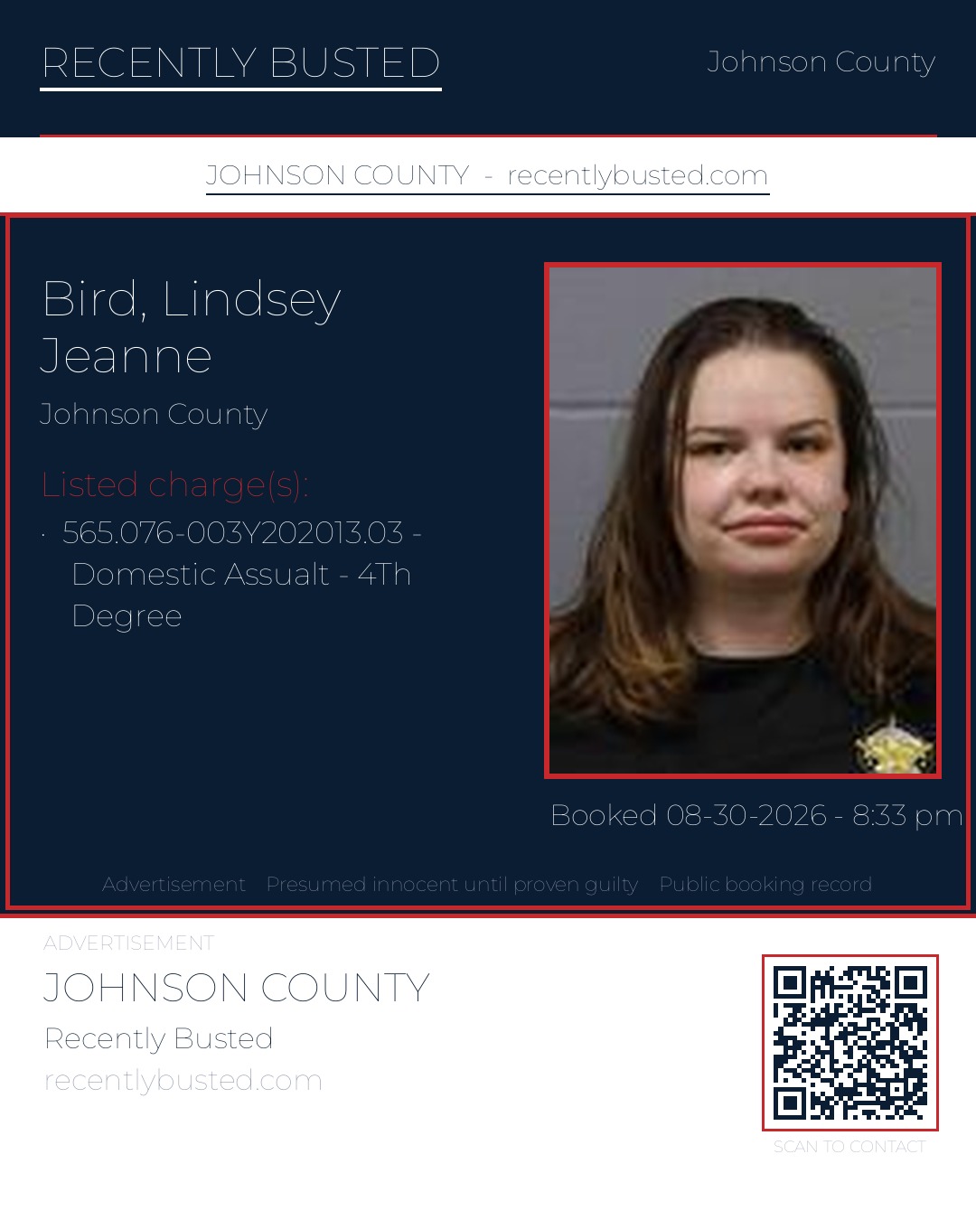 BIRD, LINDSEY JEANNE — arrest record card, Johnson County, Missouri