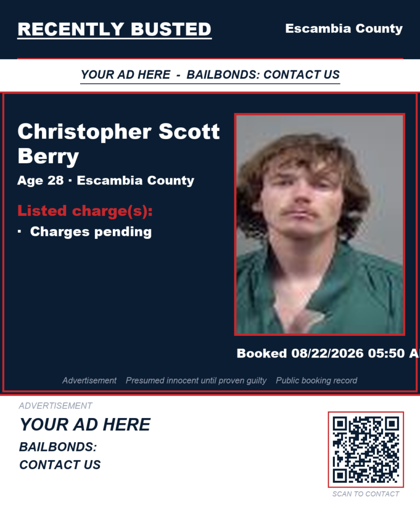 Christopher Scott Berry — arrest record card, Escambia County, Florida