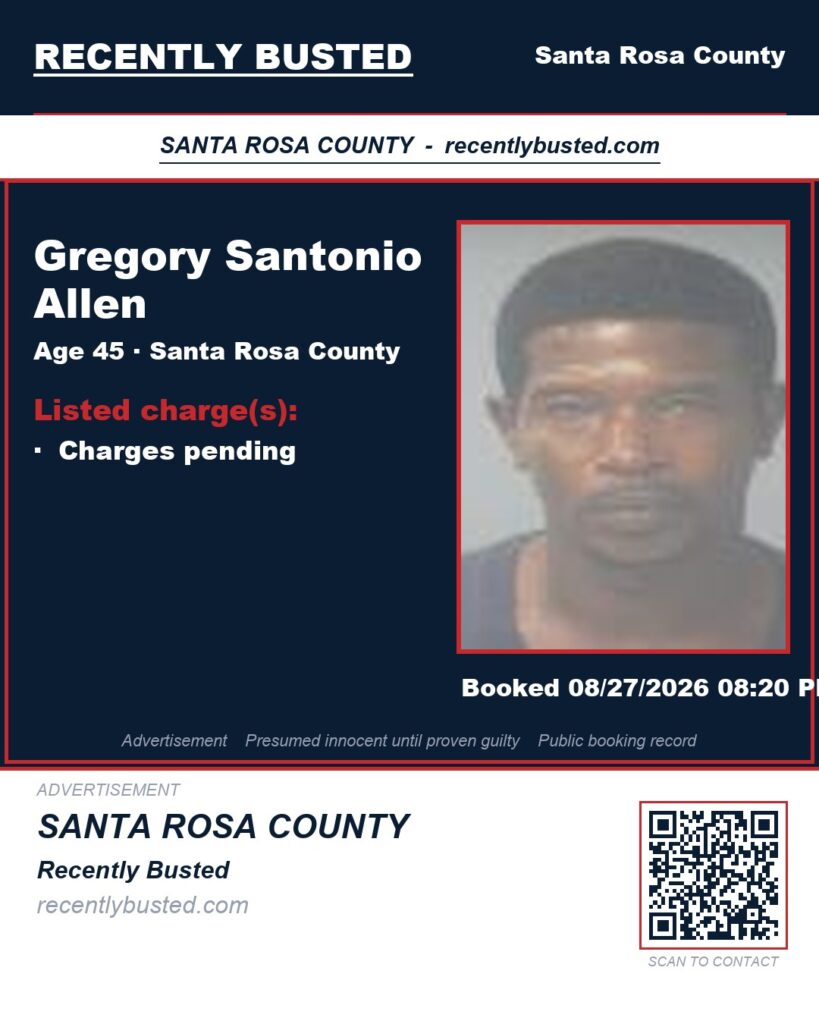 Gregory Santonio Allen — arrest record card, Santa Rosa County, Florida