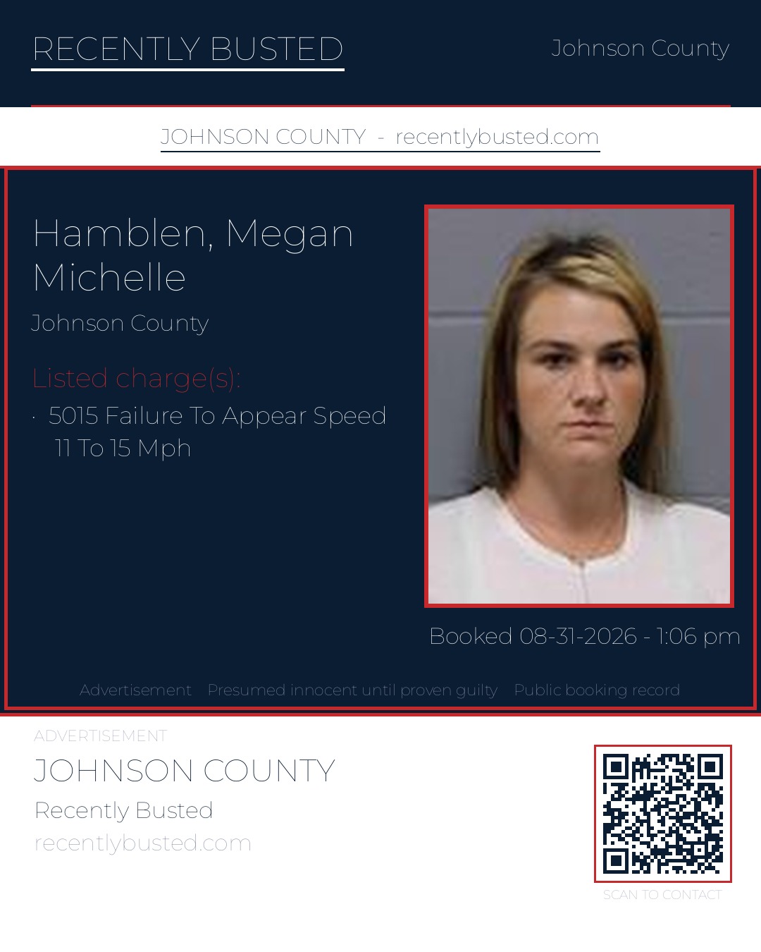 HAMBLEN, MEGAN MICHELLE — arrest record card, Johnson County, Missouri