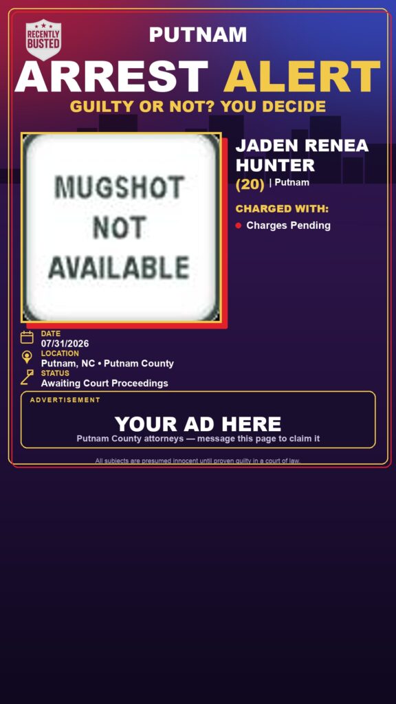 Jaden Renea Hunter — arrest record card, Putnam County, Florida