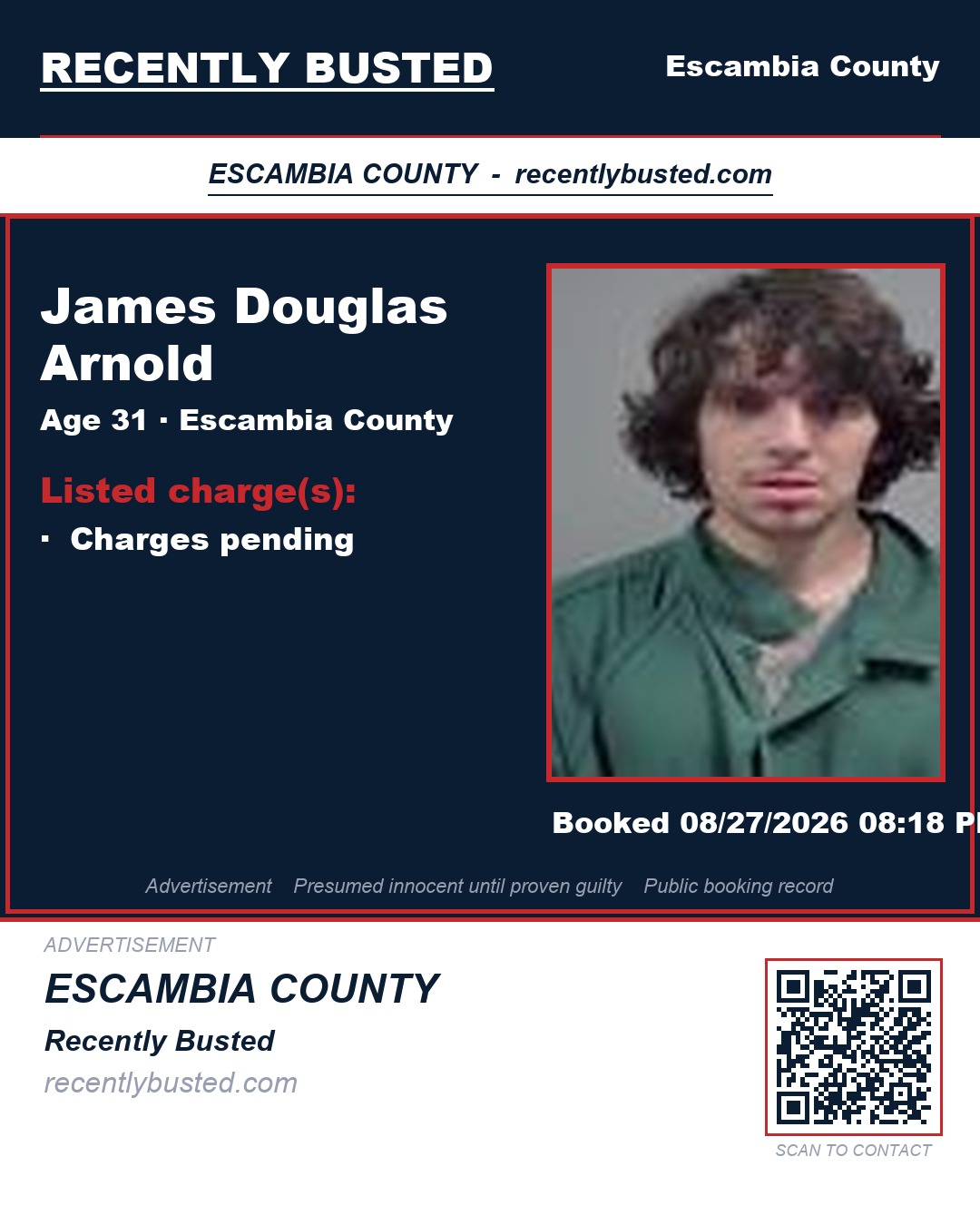 James Douglas Arnold — arrest record card, Escambia County, Florida