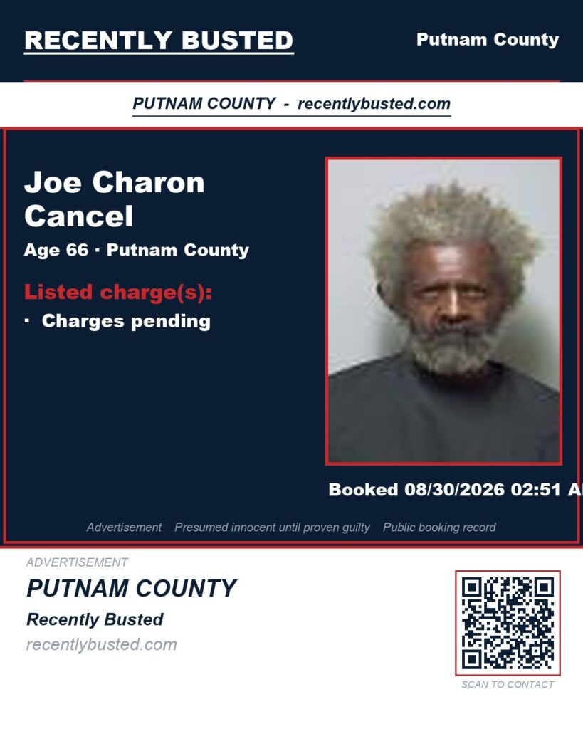 Joe Charon Cancel — arrest record card, Putnam County, Florida