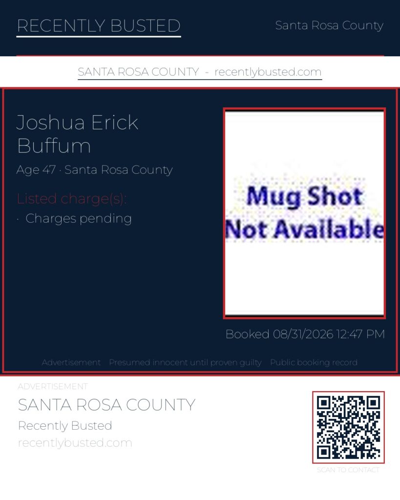 Joshua Erick Buffum — arrest record card, Santa Rosa County, Florida