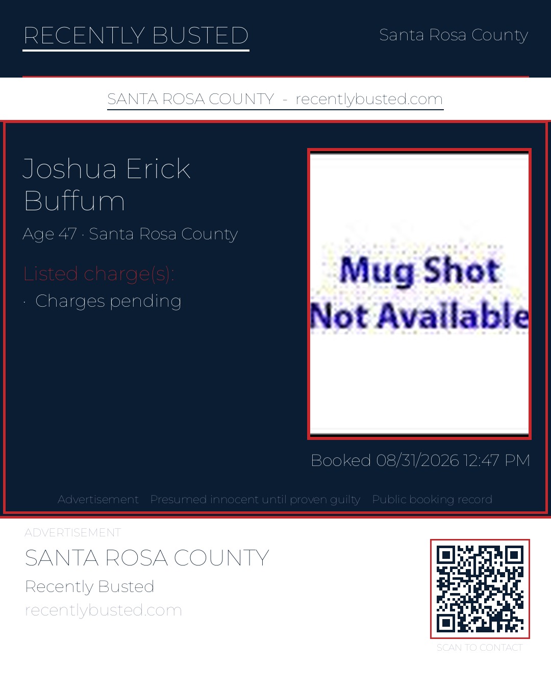 Joshua Erick Buffum — arrest record card, Santa Rosa County, Florida