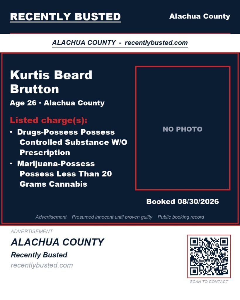 Kurtis Beard Brutton — arrest record card, Alachua County, Florida