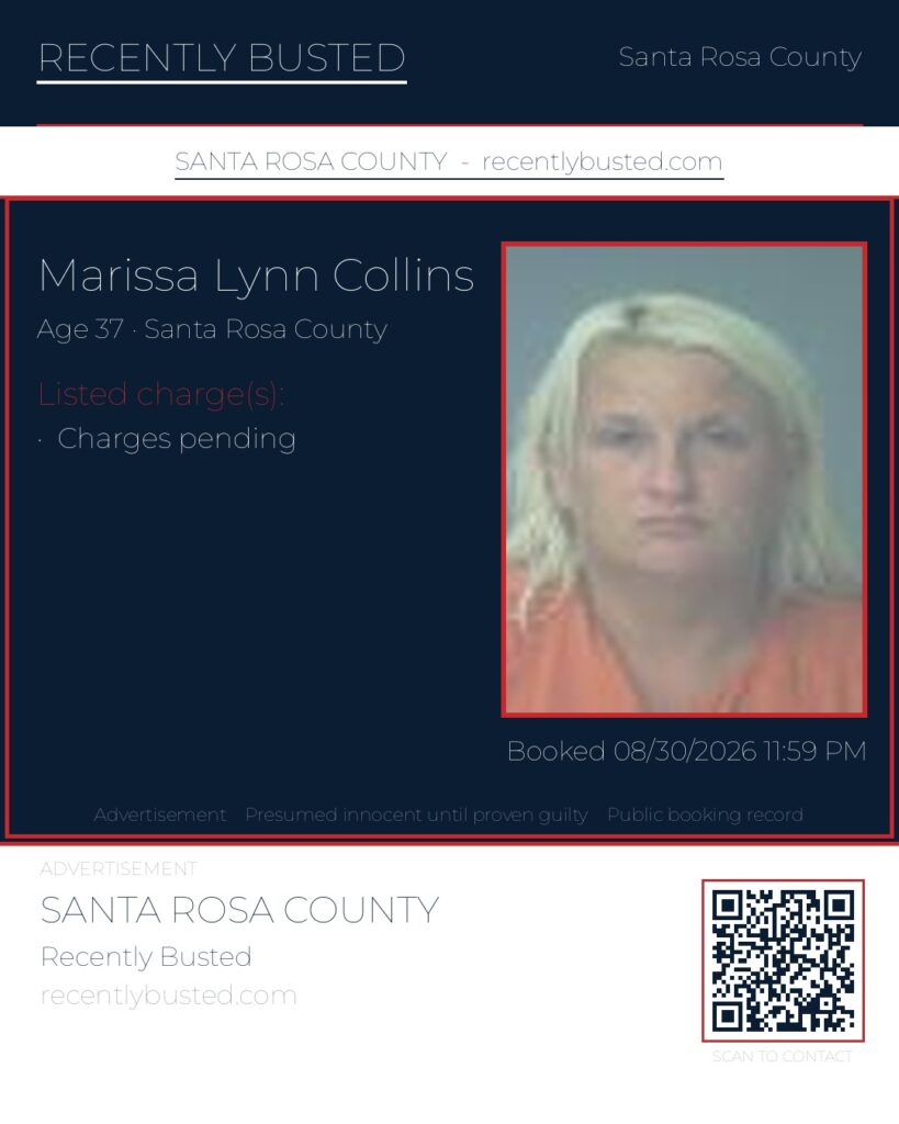 Marissa Lynn Collins — arrest record card, Santa Rosa County, Florida
