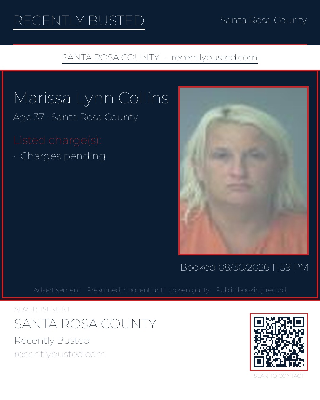 Marissa Lynn Collins — arrest record card, Santa Rosa County, Florida