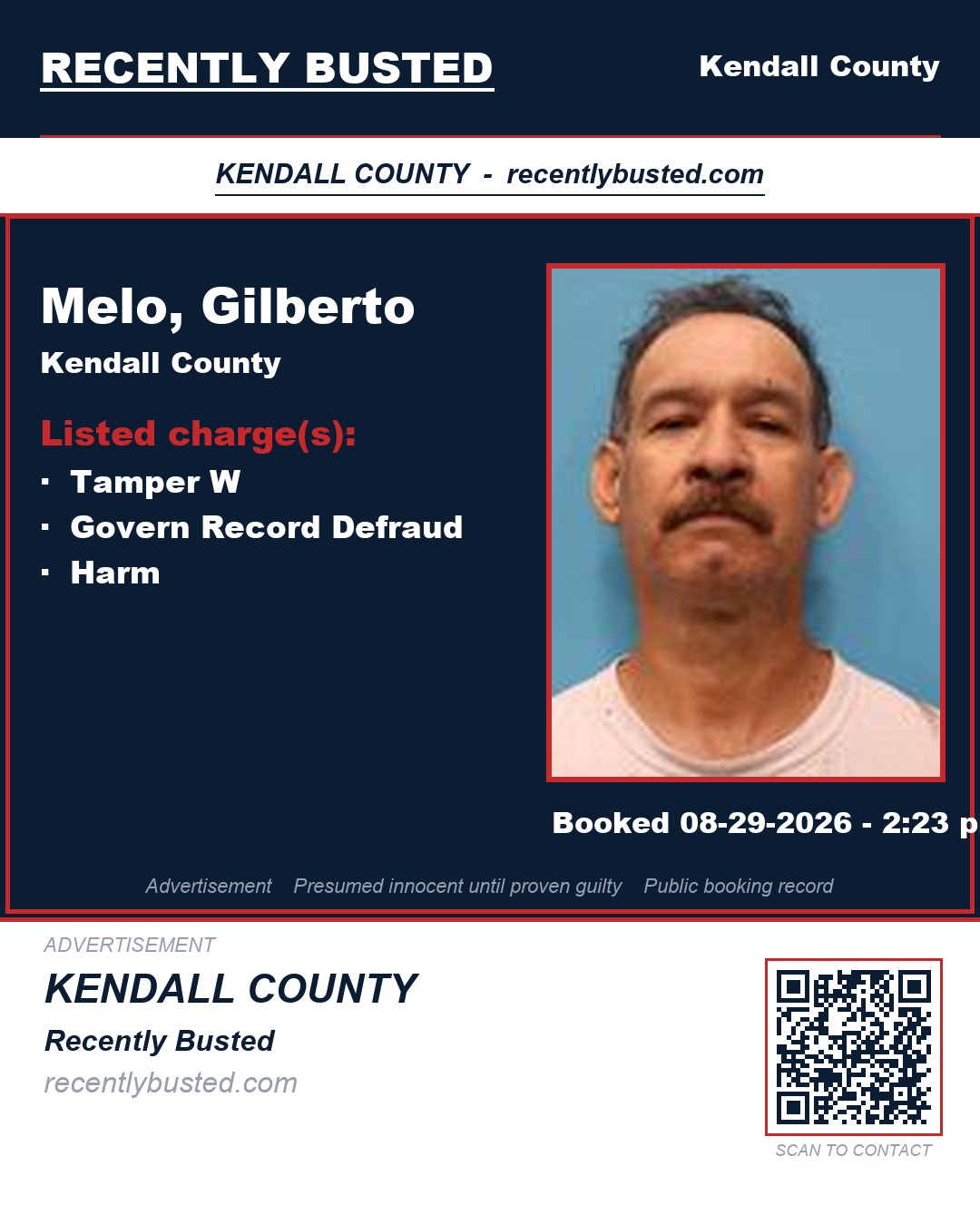 Melo, Gilberto — arrest record card, Kendall County, Texas