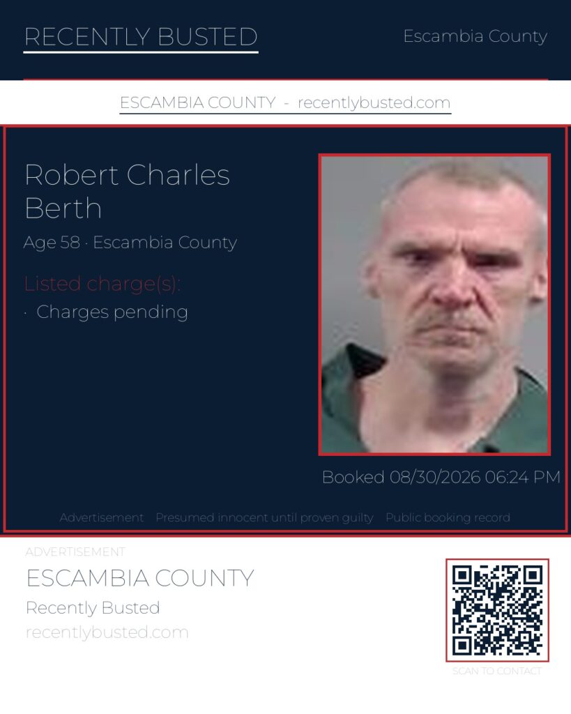 Robert Charles Berth — arrest record card, Escambia County, Florida