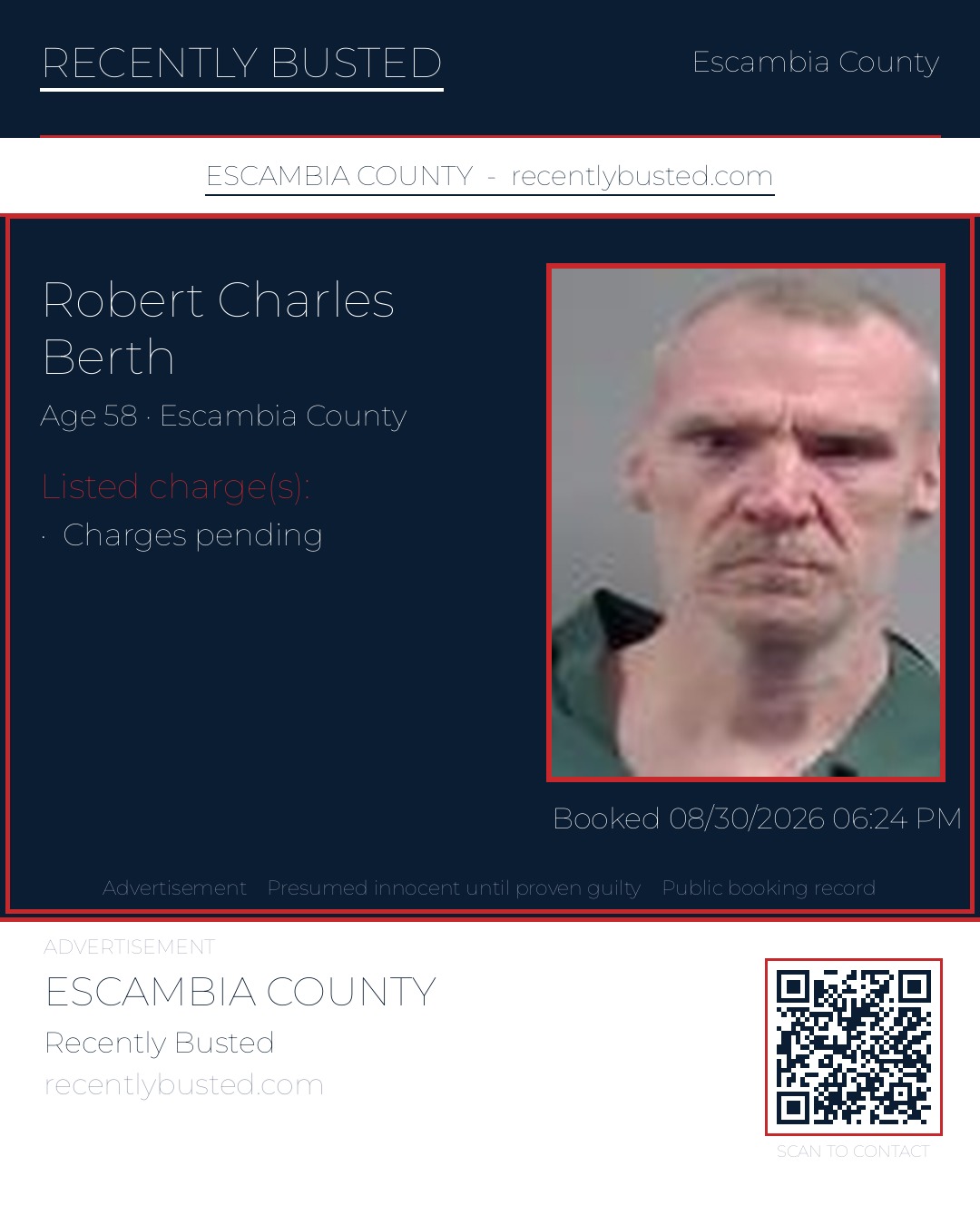 Robert Charles Berth — arrest record card, Escambia County, Florida