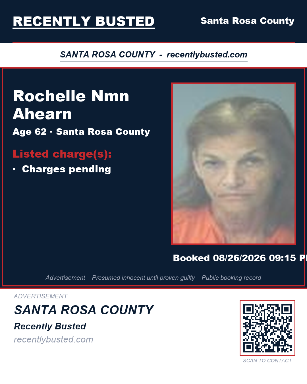Rochelle Nmn Ahearn — arrest record card, Santa Rosa County, Florida