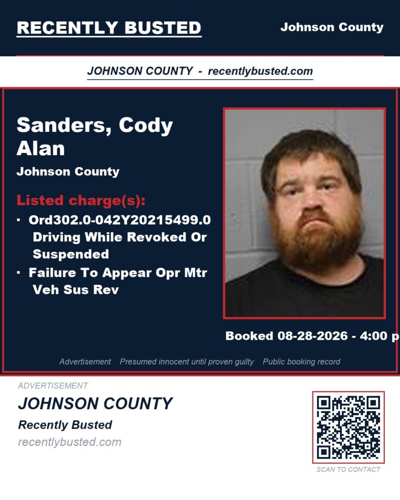 SANDERS, CODY ALAN — arrest record card, Johnson County, Missouri