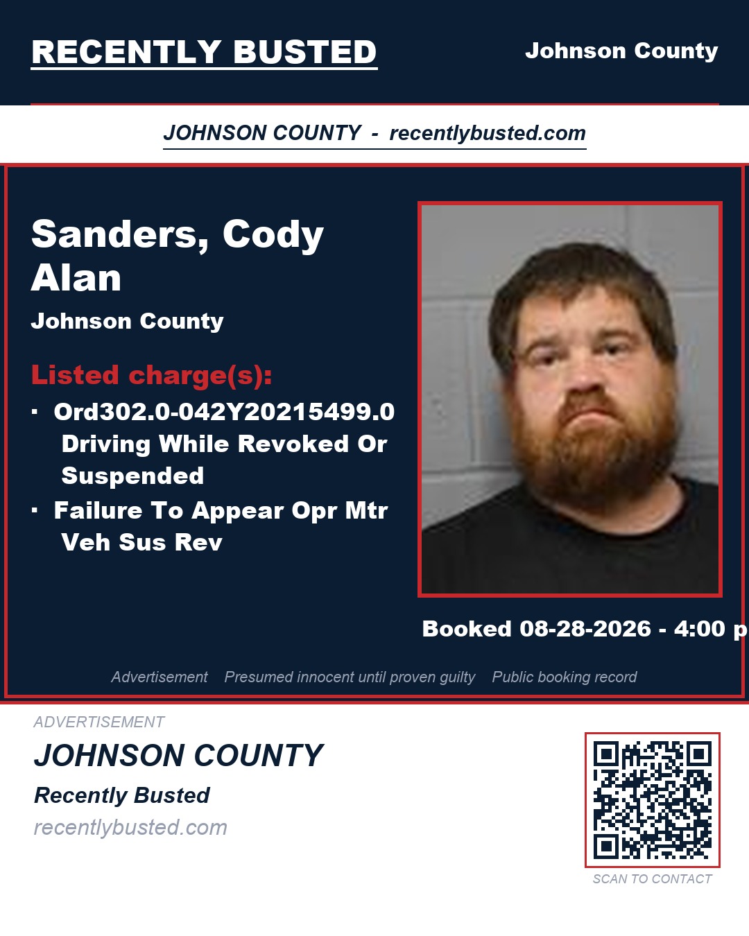 SANDERS, CODY ALAN — arrest record card, Johnson County, Missouri