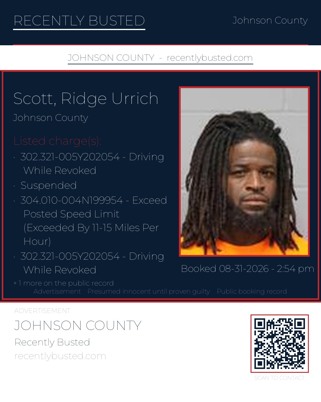 SCOTT, RIDGE URRICH — arrest record card, Johnson County, Missouri