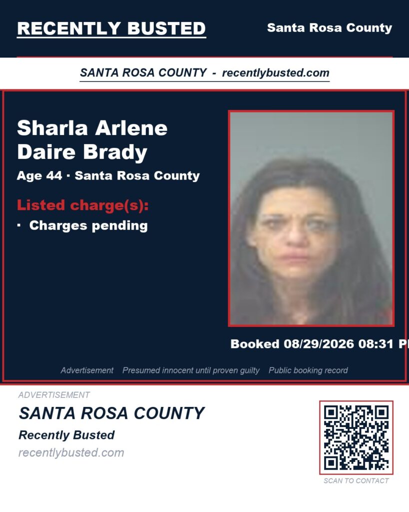 Sharla Arlene Daire Brady — arrest record card, Santa Rosa County, Florida