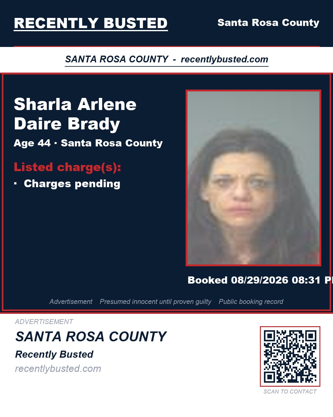 Sharla Arlene Daire Brady — arrest record card, Santa Rosa County, Florida