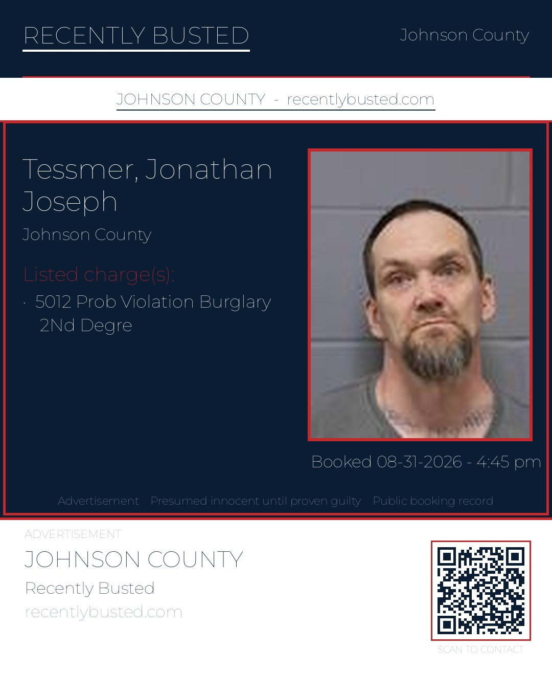 TESSMER, JONATHAN JOSEPH — arrest record card, Johnson County, Missouri