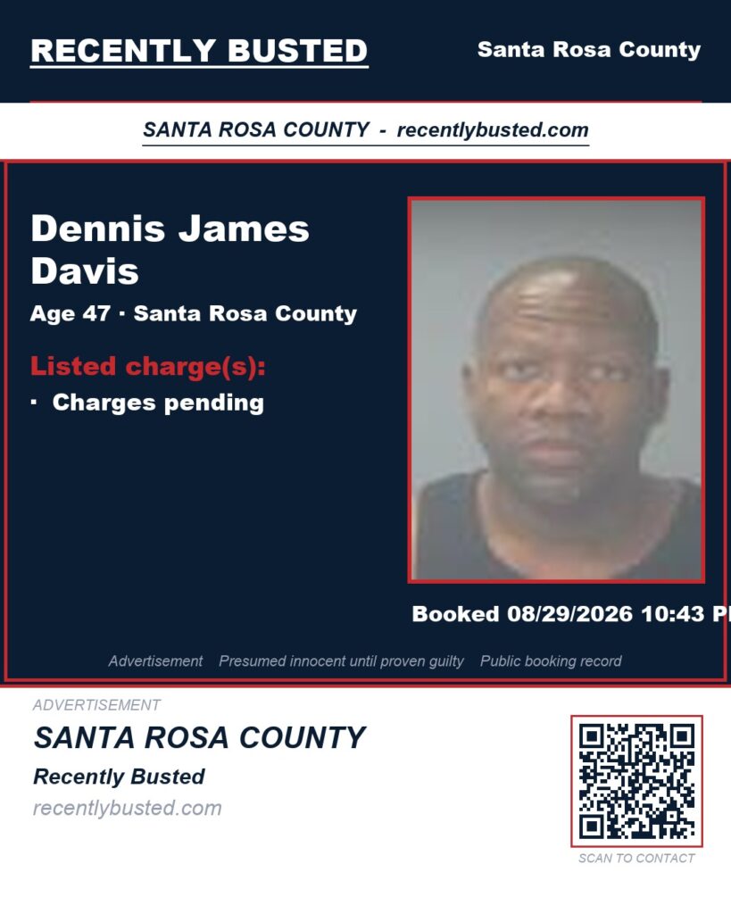 Dennis James Davis — arrest record card, Santa Rosa County, Florida