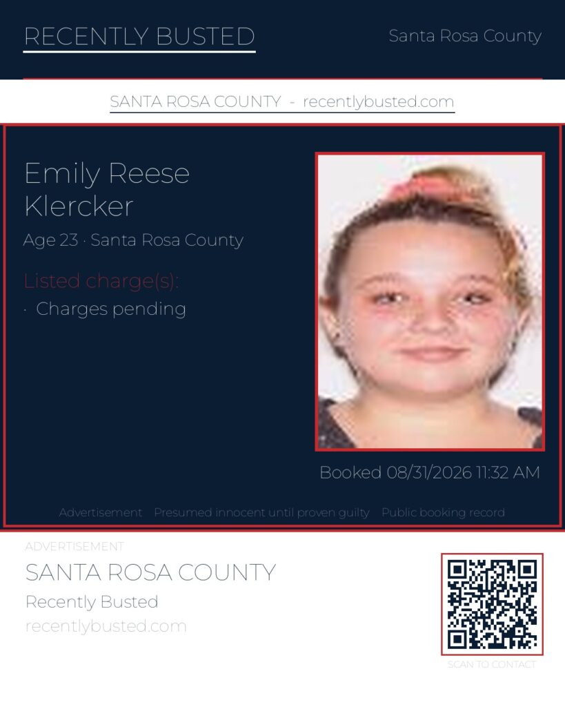 Emily Reese Klercker — arrest record card, Santa Rosa County, Florida