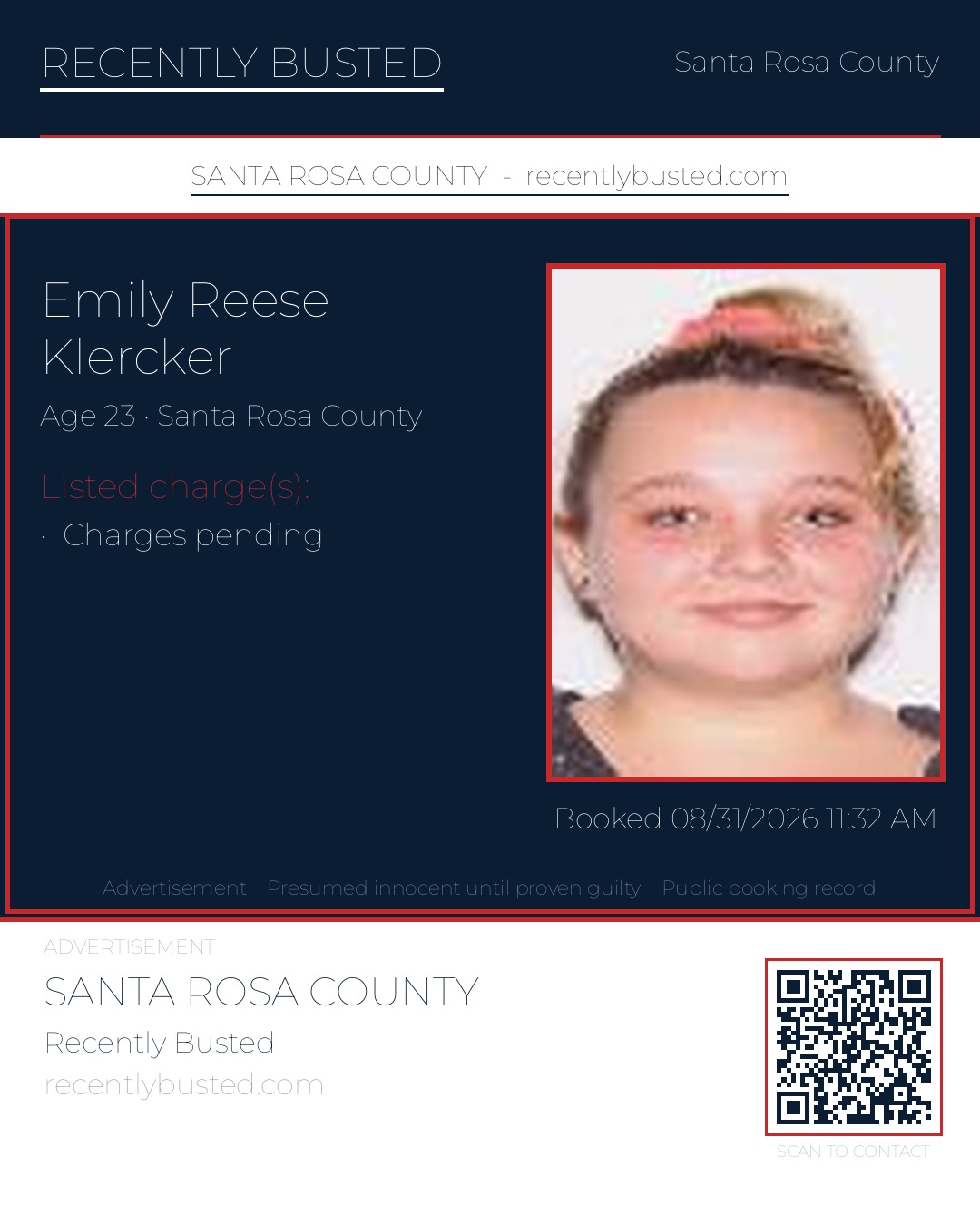 Emily Reese Klercker — arrest record card, Santa Rosa County, Florida