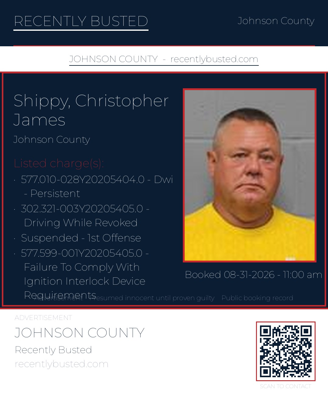 SHIPPY, CHRISTOPHER JAMES — arrest record card, Johnson County, Missouri
