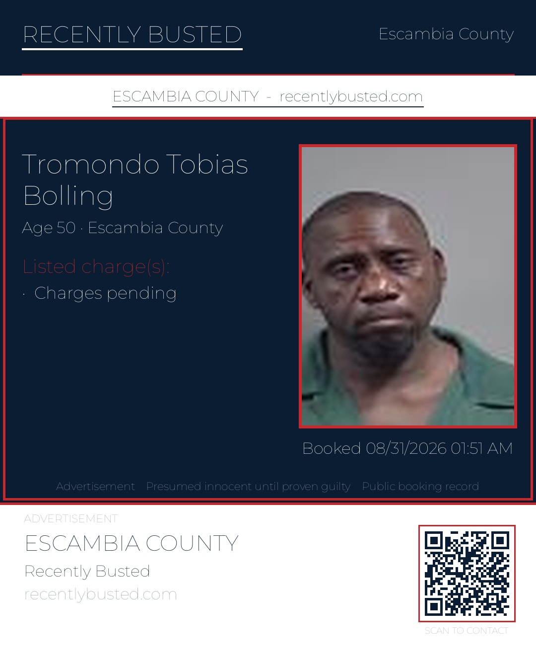 Tromondo Tobias Bolling — arrest record card, Escambia County, Florida
