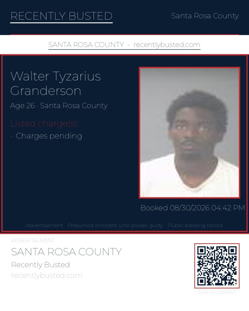 Walter Tyzarius Granderson — arrest record card, Santa Rosa County, Florida