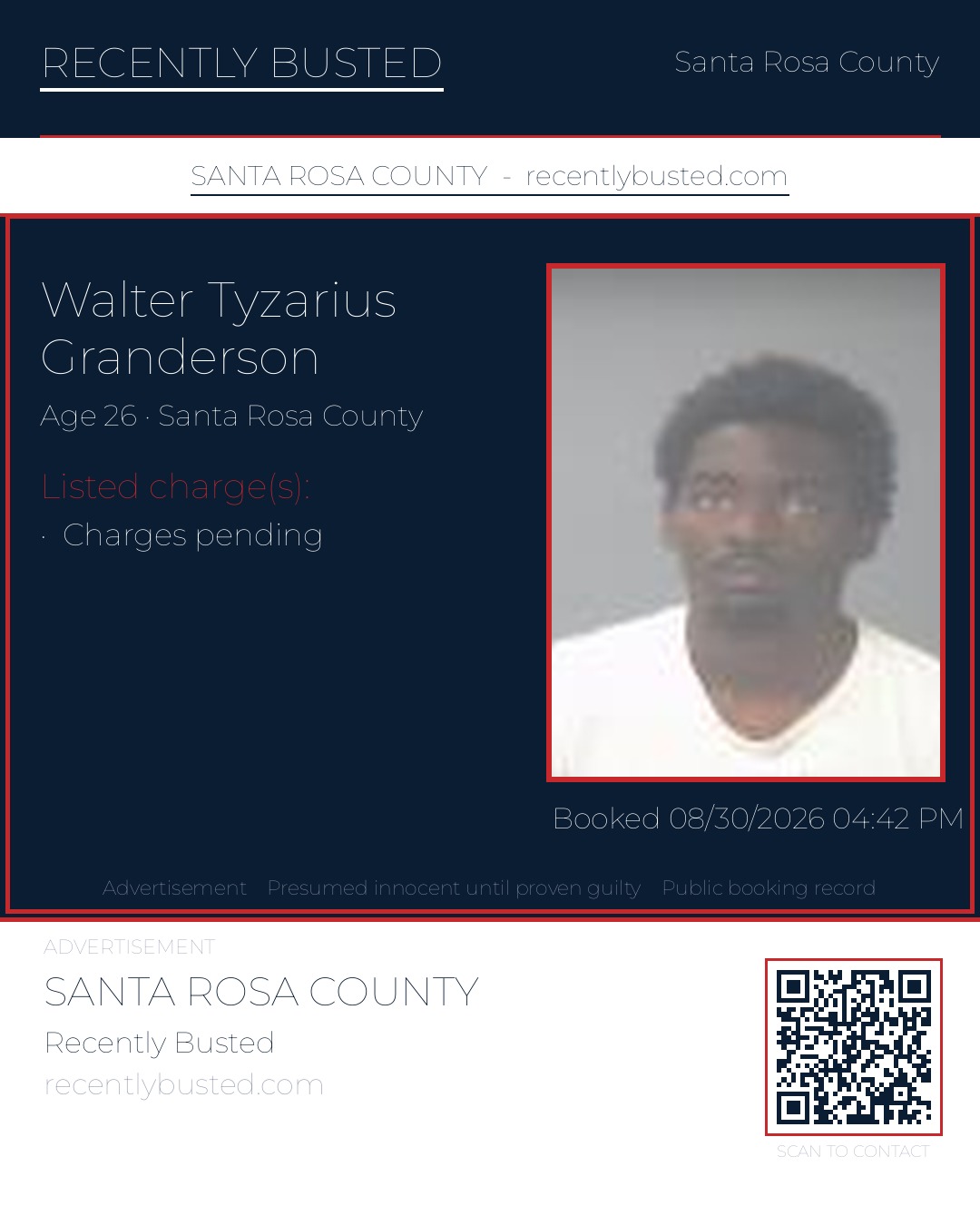 Walter Tyzarius Granderson — arrest record card, Santa Rosa County, Florida