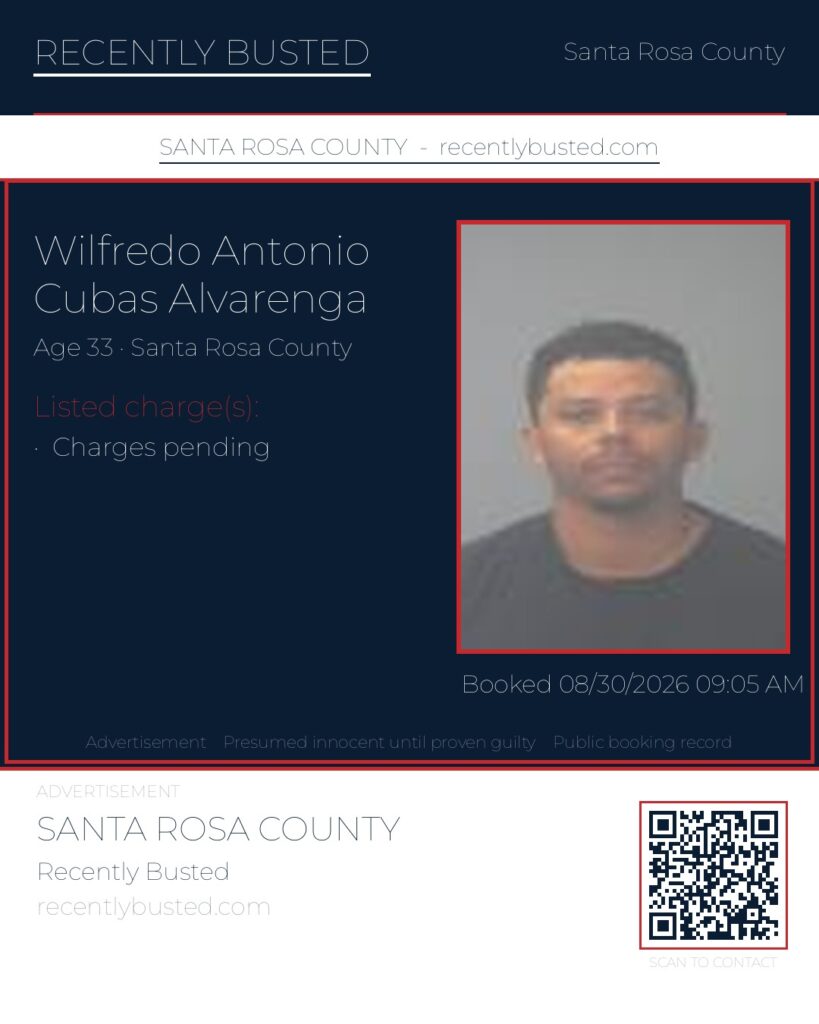 Wilfredo Antonio Cubas Alvarenga — arrest record card, Santa Rosa County, Florida