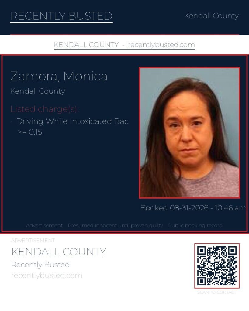 Zamora, Monica — arrest record card, Kendall County, Texas
