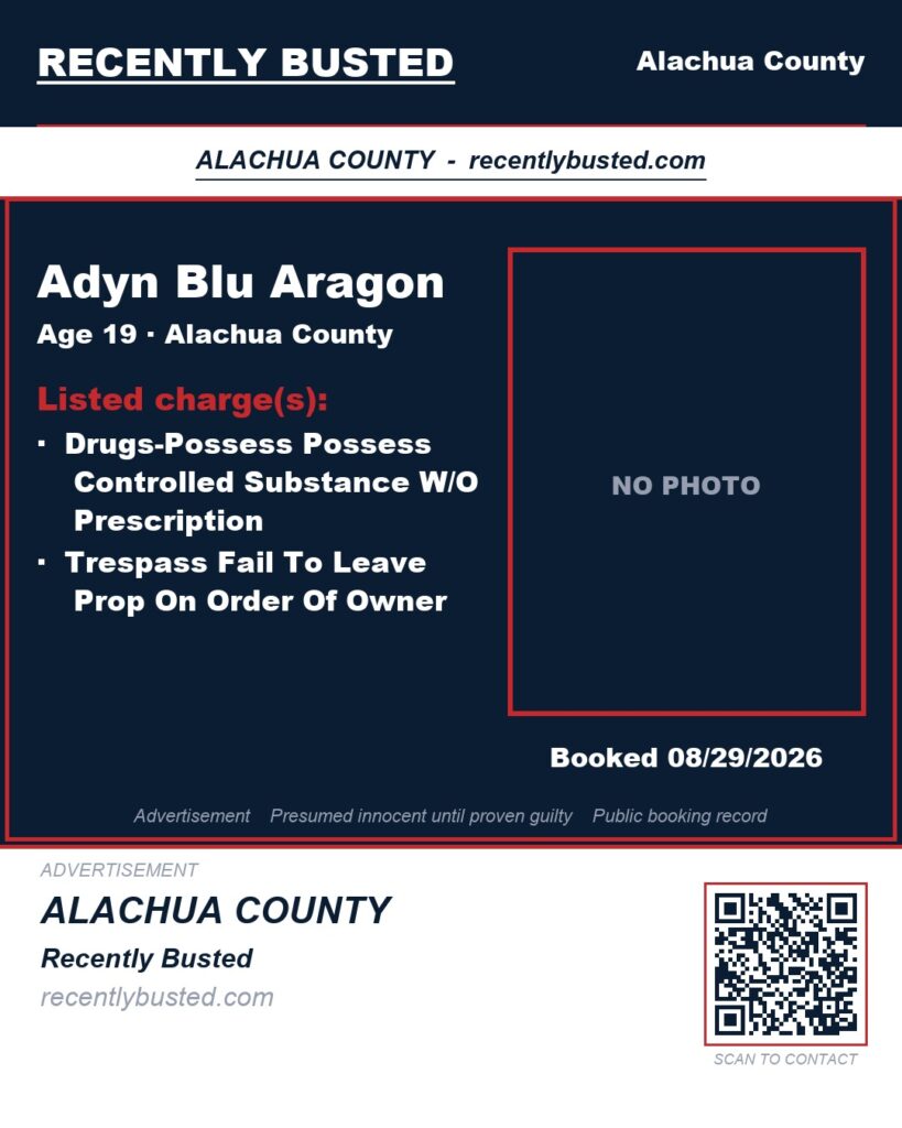 Adyn Blu Aragon — arrest record card, Alachua County, Florida
