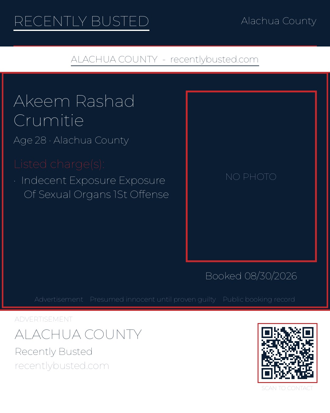 Akeem Rashad Crumitie — arrest record card, Alachua County, Florida