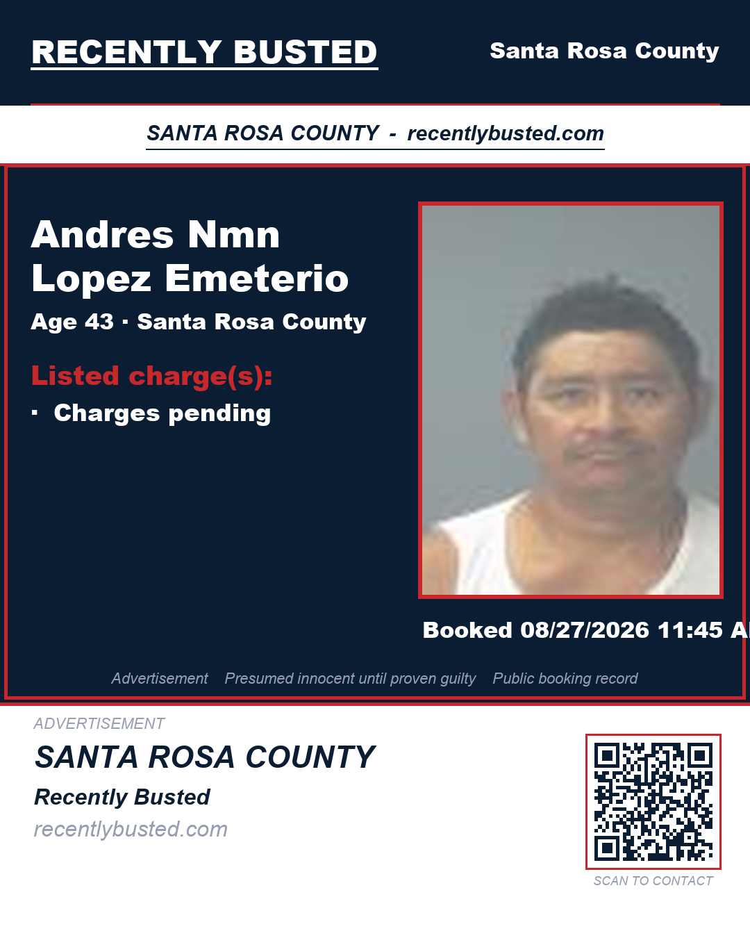 Andres Nmn Lopez Emeterio — arrest record card, Santa Rosa County, Florida