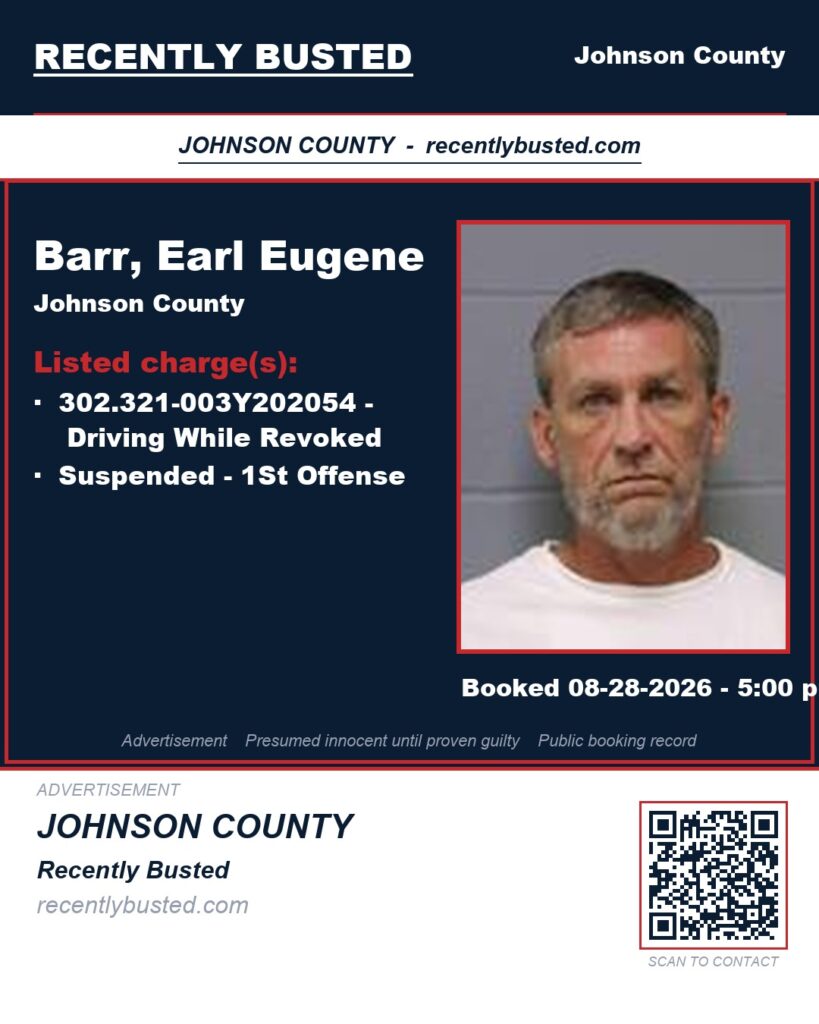 BARR, EARL EUGENE — arrest record card, Johnson County, Missouri