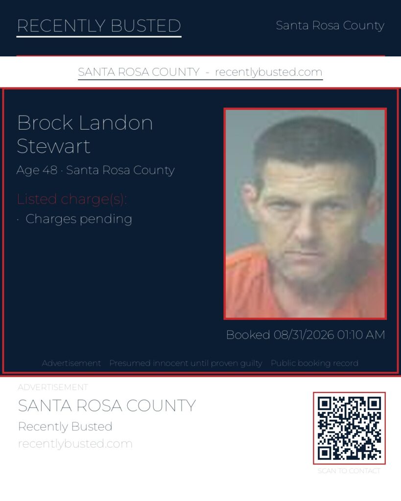 Brock Landon Stewart — arrest record card, Santa Rosa County, Florida