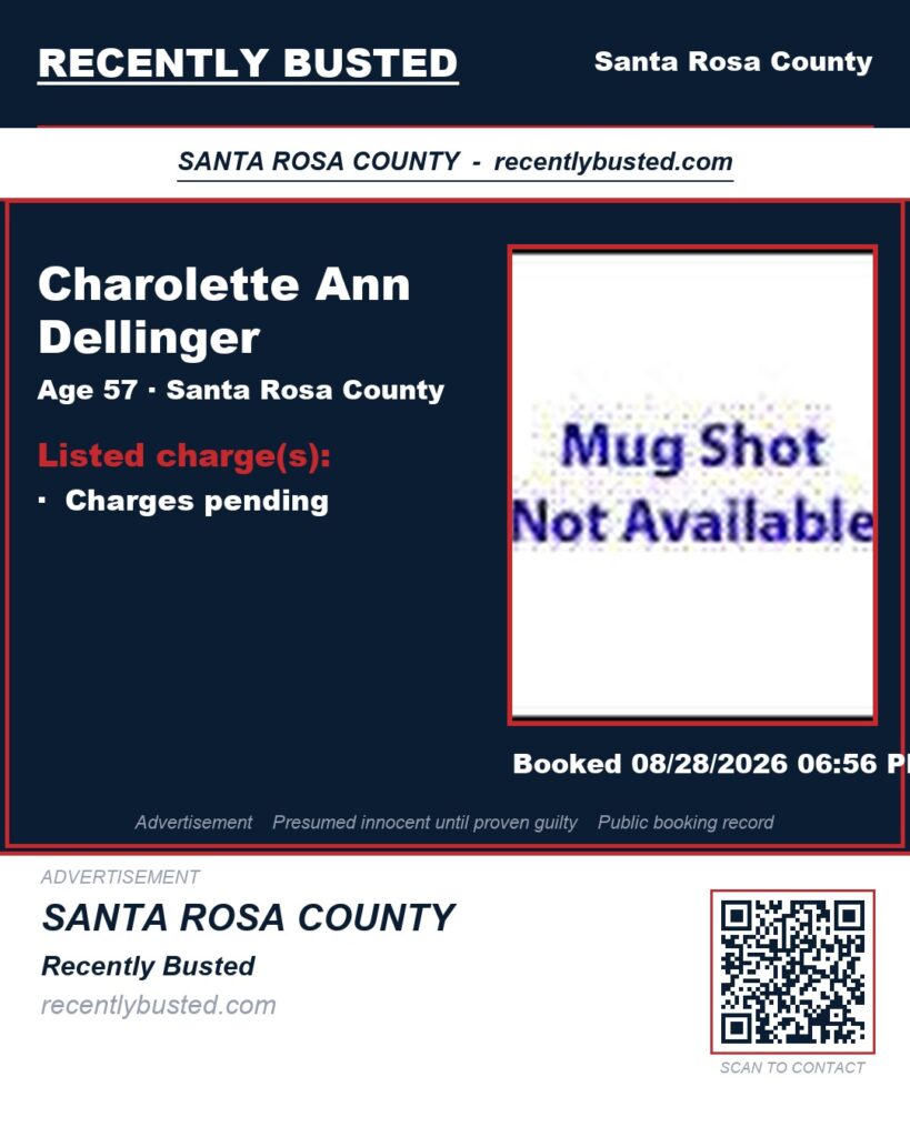 Charolette Ann Dellinger — arrest record card, Santa Rosa County, Florida