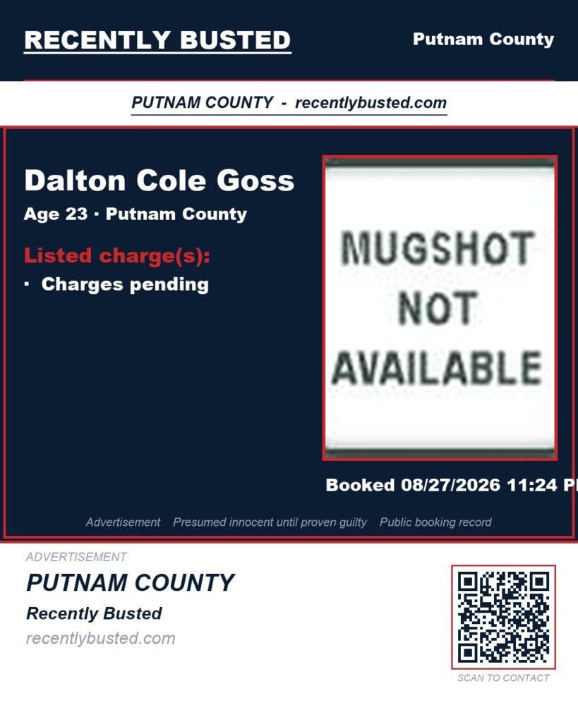 Dalton Cole Goss — arrest record card, Putnam County, Florida