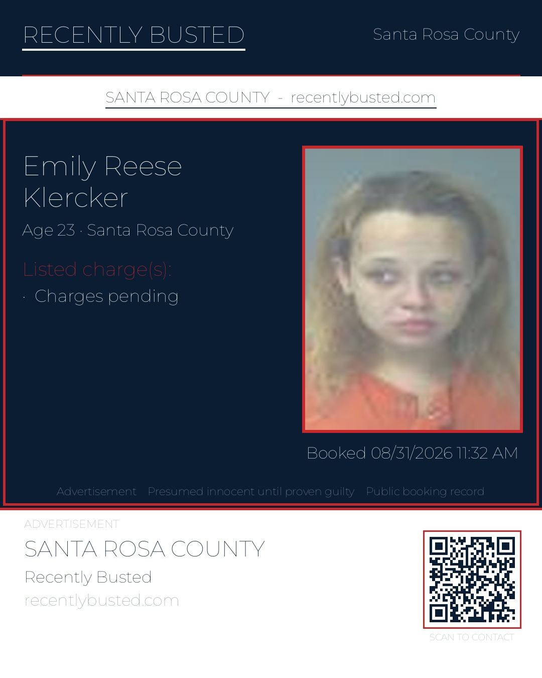 Emily Reese Klercker — arrest record card, Santa Rosa County, Florida