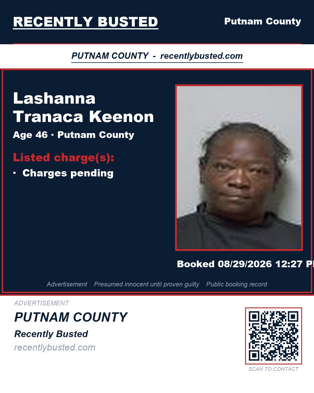 Lashanna Tranaca Keenon — arrest record card, Putnam County, Florida
