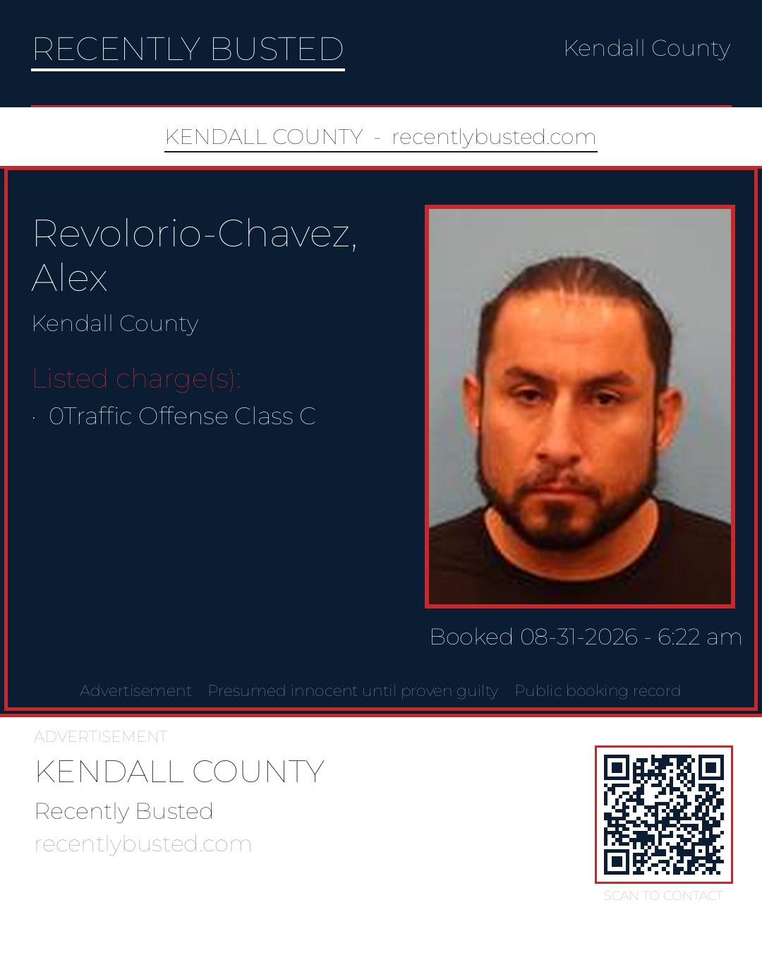 Revolorio-Chavez, Alex — arrest record card, Kendall County, Texas