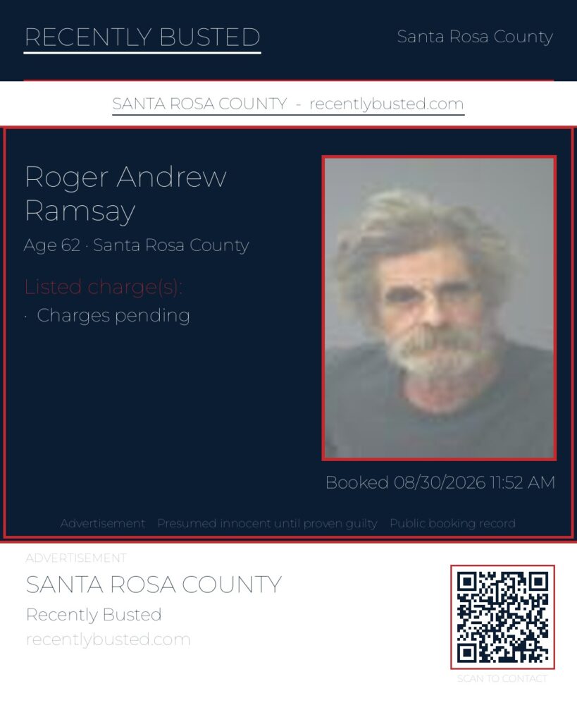 Roger Andrew Ramsay — arrest record card, Santa Rosa County, Florida